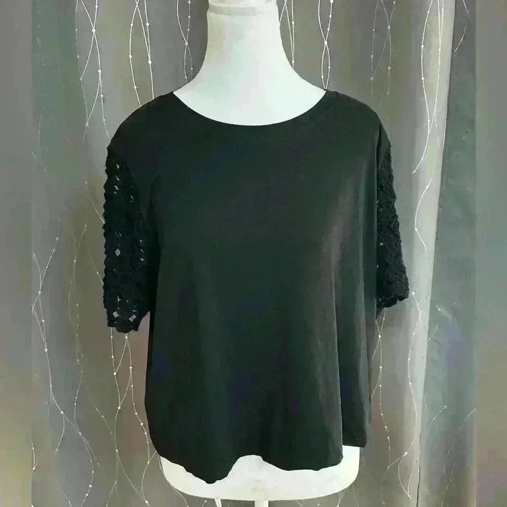 NWT Joie Black Top With Crochet‎ Short Sleeves Size XL